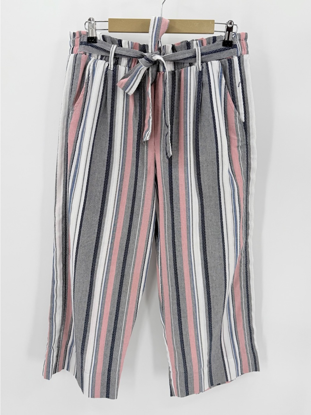 Knox Rose Pants Womens L Striped Cropped Paperbag Waist Tie Belt Wide Leg-Spot
